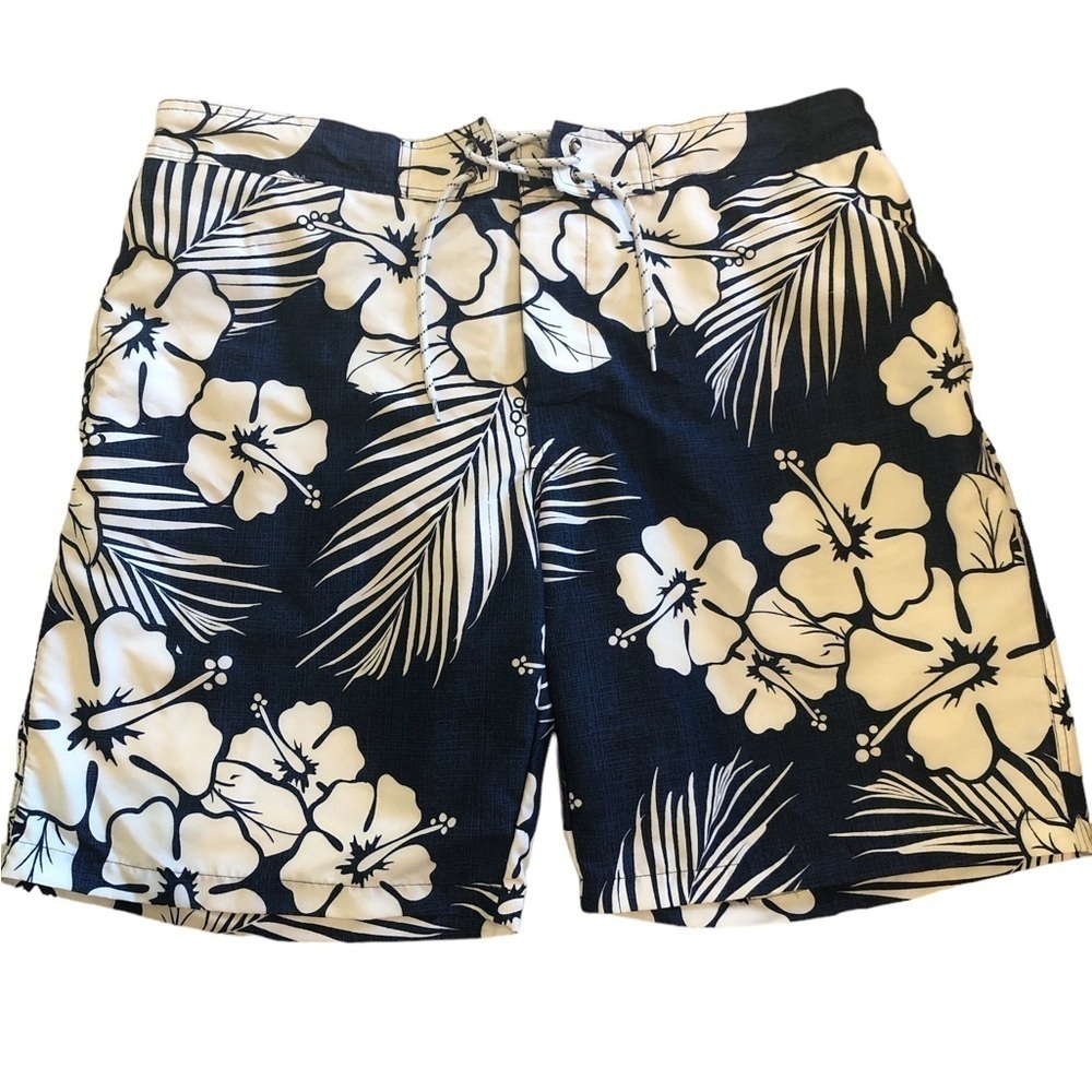 St. John’s Bay Men’s Swim Trunks Size XL Blue White Hawaiian Print 10” Inseam